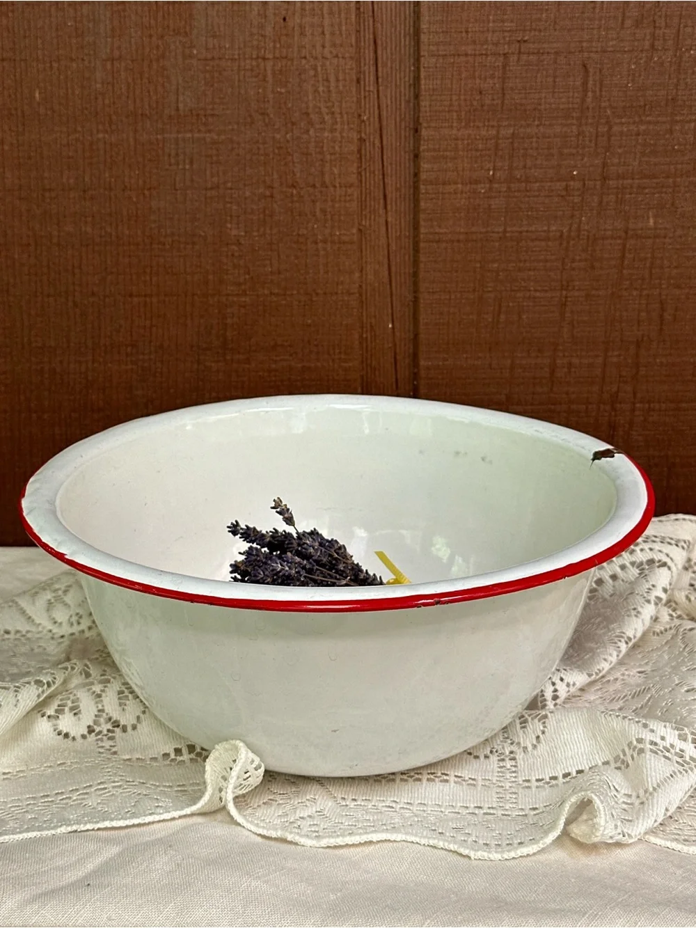 Vintage Enamelware Wash Basin Bowl White Red Rim Farmhouse Rustic Decor